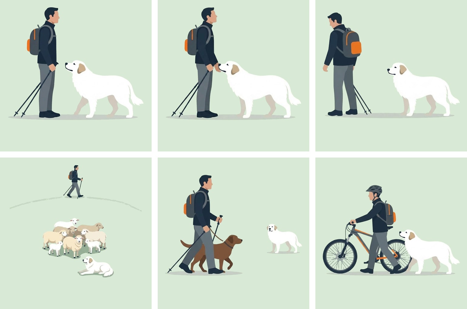 Six petites scènes : un randonneur arrêté devant un chien de protection, le chien qui le sent, le randonneur qui détourne le regard, un randonneur qui contourne le troupeau, un promeneur avec son chien en laisse courte, un cycliste qui pousse son vélo
