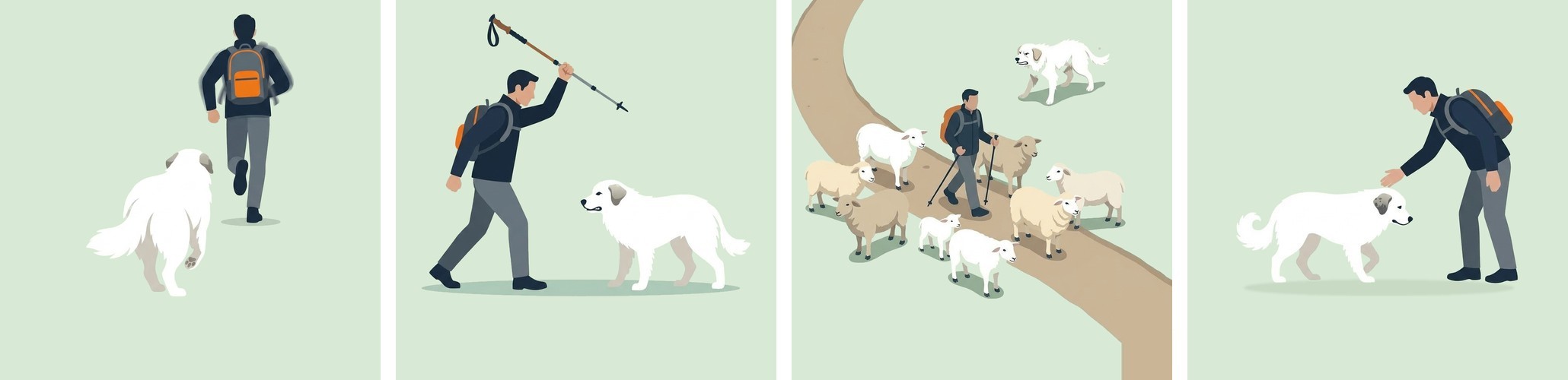 Quatre scènes : un randonneur qui s'enfuit en courant devant le chien, un randonneur qui lève son bâton, un randonneur qui marche au milieu des brebis, un randonneur qui tend la main pour caresser le chien