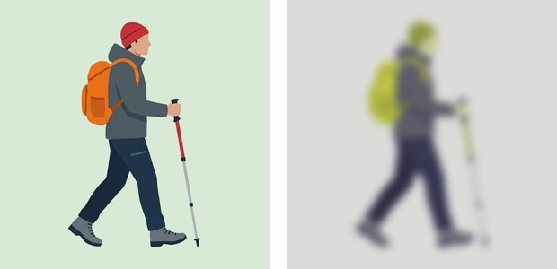 Le même randonneur vu deux fois : net et en couleurs pour un humain, flou et presque sans couleur pour un chien