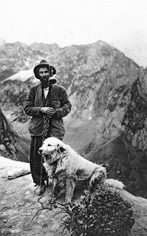 Un homme en chapeau, une chaîne à la main, debout derrière un grand chien blanc assis, au col du Tourmalet