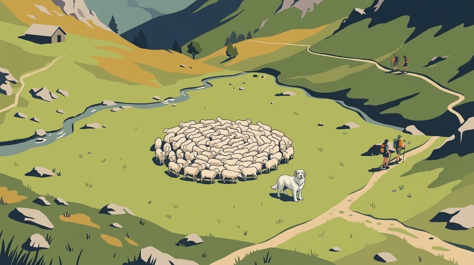 Vue de dessus d'une estive : le troupeau au centre, le chien de protection en lisière, un sentier qui passe tout près et un second, bien plus loin sur le flanc